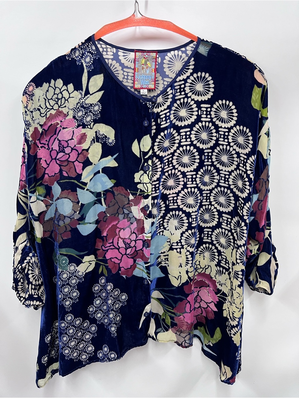 Johnny Was Navy burnout Floral Button-Front silk blend XL Top long sleeve